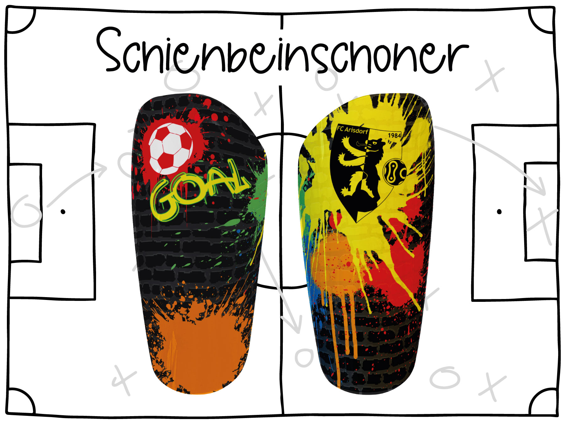 Schienbeinschoner FC Arisdorf mit Graffiti Druck / Sublumation